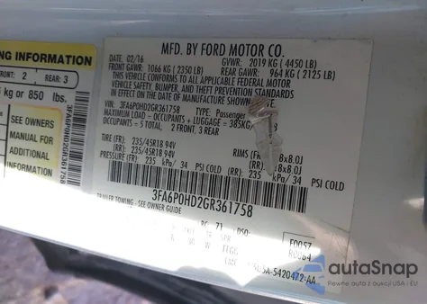 2016 Ford Fusion Se z USA, uszkodzony, nr VIN 3FA6P0HD2GR361758